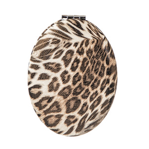 Leopard Print PU Leather Oval <b>Compact</b> <b>Mirror</b> Silver Electroplated Metal Frame Folding Dual Sided Pocket Makeup <b>Mirror</b> Bulk - Product Image 3