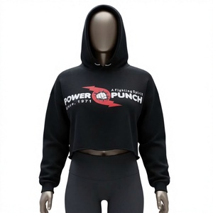 Sweat-shirt court à capuche Power Punch pour femme, style streetwear, respirant, en coton noir, avec logo imprimé sur le devant, pour l'automne - Product Image 1