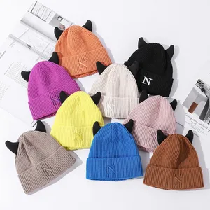cute cow letter embroidery devil horn short skully beanie wholesale winter beanies with horns