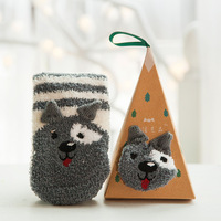 Hiver Mignon Animal Doux Chaud Fuzzy Fluffy Femmes Filles Enfants 3D Chaussettes de Noël Avec Boîte Cadeau