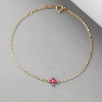 Pulsera de Oro Sólido de 14K para Mujer, Cadena Minimalista Coreana con Flores en Negro/Blanco/Rojo/Verde, Joyería Elegante para Uso Diario, Regalo