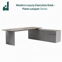 Bureau de direction ergonomique moderne et luxueux en forme de L, finition gris ébène, bord incurvé, boîte de gestion de câbles intelligente, armoire latérale, laque piano