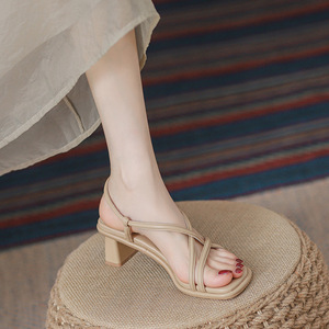 Summer Factory Wholesale Ankle Strap <b>Heeled</b> Sandals for Women New Wear Fairy Wind Thick High Top Soft Flexible Light Weight - Product Image 1