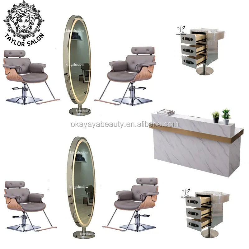 Salon furniture package backwash unit hairdressing chairs double sided salon stations led light makeup mirror station