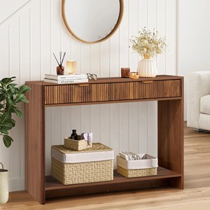 Table console en bois cannelé moderne et minimaliste avec 2 tiroirs cannelés et espace de rangement ouvert pour <span class=keywords><strong>entrée</strong></span> et couloir (vente en gros) - Product Image 5