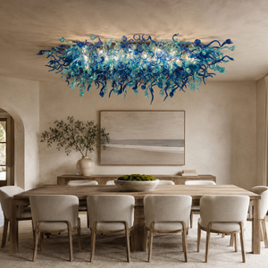 Lustre en verre bleu fait main, sur mesure, pour la décoration intérieure des restaurants et des halls d'entrée - Product Image 1