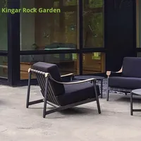 Ensemble de salon de jardin design nordique pour cour, terrasse, villa, table basse en alliage d'aluminium, chaise en rotin tressé PE, coussins imperméables