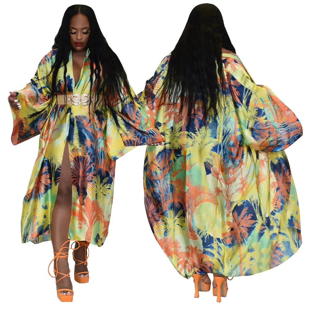 Hot Sell Fashion Trench Coat Satin Silk Multi Printing Casual Windbreaker Maxi Long Dresses Cardigan For Women