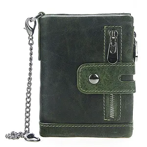 Venta caliente de cuero de vaca Mini carteras de cuero genuino RFID Bloqueo de lujo Caballeros Cremallera personalizada Cartera delgada para hombre con cadena