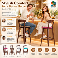 Tabouret de bar moderne en bois massif avec siège rembourré, dossier incurvé, anneau de repose-pieds, coloris Teal, Rose, Gris, pour café et cuisine