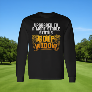 T-shirt a maniche lunghe Golf Widow per golfisti, design divertente con messaggio sul status stabile - Product Image 3