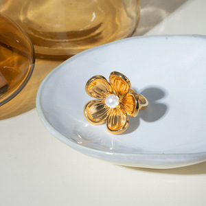 Flower Pearl <b>Open</b> <b>Ring</b> 18k Gold Stainless Steel Bezel Setting Unisex Party Jewelry - Product Image 3