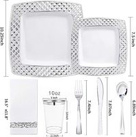 175PCS Assiettes carrées en plastique argenté avec tasses à argenterie jetables Serviettes de table en diamant argenté pour la décoration de fête