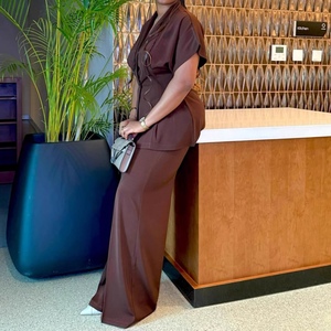 เสื้อคาร์ดิแกนคอวีแขนสั้นสำหรับผู้หญิง & กางเกงขายาวเอวสูงสไตล์แอฟริกัน ชุดเซ็ต 2 ชิ้น แฟชั่น - Product Image 5