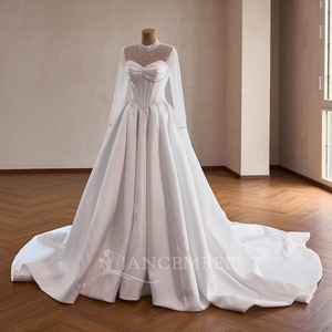 Robes de mariée élégantes Rsm261036 pour les mariées, perles, manches longues, col haut, fermeture éclair au dos, robe en satin style A, robe de mariage Jancemebr - Product Image 3