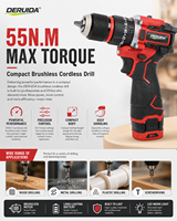 DERUIDA Perceuse-visseuse sans fil 16,8 V, mini perceuse électrique rechargeable, sans balais, 55 N.m, pour bois, avec fonction visseuse à percussion, kit complet