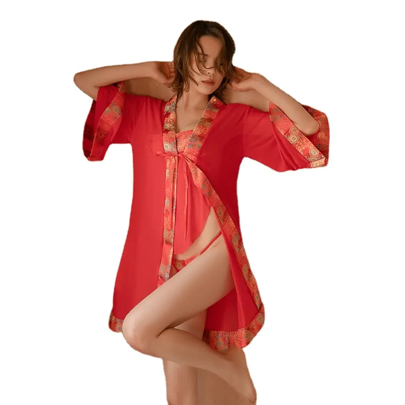 Dames Sexy Ondergoed Valentijnsdag Hot Selling Vrouwen Antieke Stijl Gewaad En Buikband Pyjama Set Huwelijksreis Nachtkleding Bh