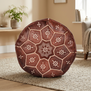 Housse de coussin pouf ronde en cuir véritable brodé, style bohème, faite à la main, unie, personnalisable, avec fermeture éclair, pour la décoration intérieure - Product Image 1