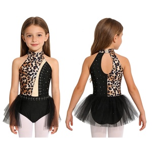 Maillot de Danza con Pedrería y Estampado de Leopardo para Niñas de 6 a 16 Años, Tutú con Cuello Halter, Diseño Asimétrico, para Ballet, Gimnasia y Competencias - Product Image 1