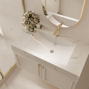 Mueble de Baño Estilo Francés con Encimera de Losa Blanca, Espejo Inteligente Ovalado e Iluminado, Combinación de Gabinetes - Product Image 2