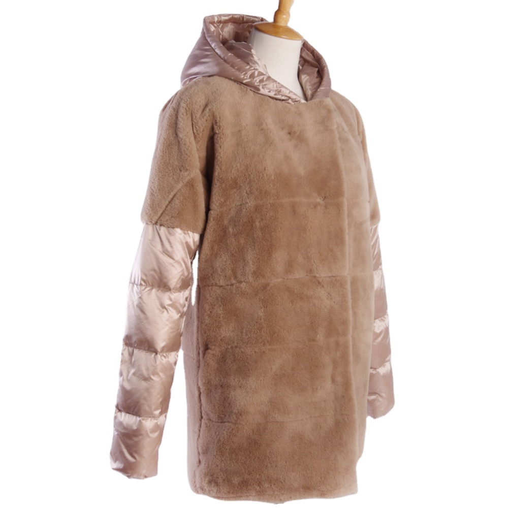 New style wholesale Women Polyester & Faux Mink Fur Jackets Long Hooded Style Fur Coat
