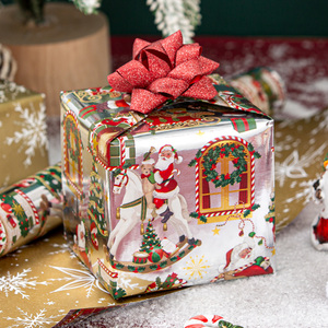 Reversible Wrapping <b>Paper</b> Roll 17 Inch X 33 Feet Santa Claus Christmas Tree Rocking Horse Fireplace <b>Patterns</b> - Product Image 1