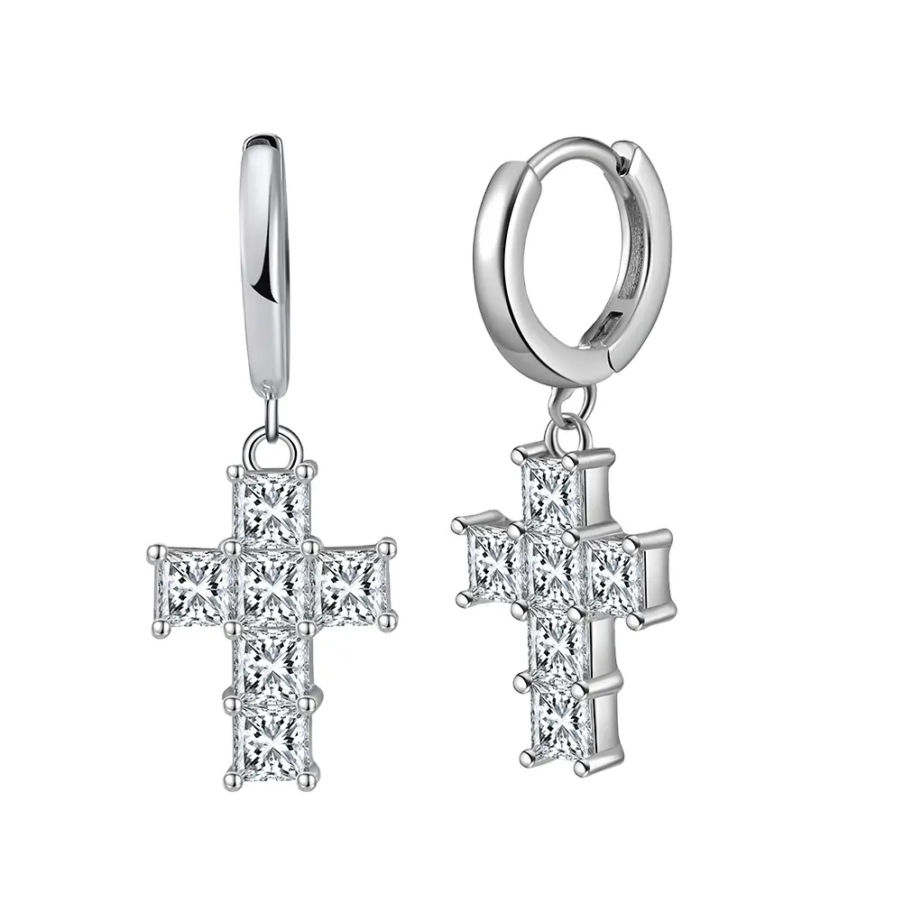RINTINN LZE13 Fashion Earring Jewelry Diamond Crystal 8A Premium CZ Cross Men 925 Sterling Silver Hoop Stud Earrings for Women