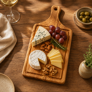 Tabla de cortar de madera maciza de olivo con asa y ranura para jugos, para servir pan, queso y como decoración - Product Image 4