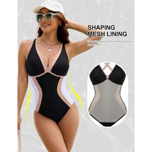 Maillot de bain une pièce femme, col en V profond, effet ventre plat, color block, push-up, collection 2026 - Product Image 4
