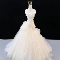 Jfh170 Superbe robe de mariée en tulle superposé ivoire à épaules dénudées avec appliques 3D papillon et pétales, style robe de bal, Jancember