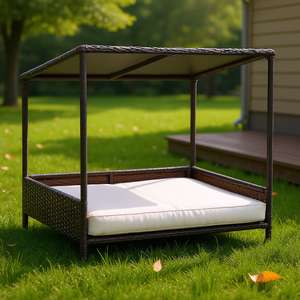 Sofá de Ratán Marrón para Mascotas con Cojín, Casa para Perros para Uso en Interiores y Exteriores - Product Image 2