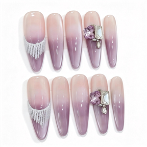 Uñas Postizas Hechas a Mano, Degradado Morado Taro de Primavera/Verano, con Flecos Plateados, Joyería de Lujo, Uñas Reutilizables, Venta al Por Mayor - Product Image 1