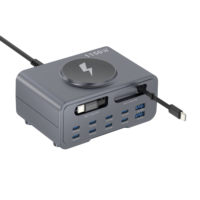 Station de charge de bureau GaN 1150W à 10 ports avec câble Type-C rétractable intégré 65W, chargeur sans fil 15W, hub de charge rapide PD140W
