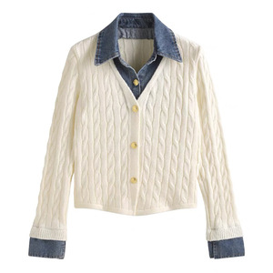 Denim Patchwork Twisted Knit <b>Cardigan</b> Jacket For Women Single Breasted Loose Fit Full Sleeve Contrast Color - Product Image 3