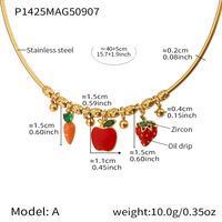 Gouden vergulde roestvrijstalen slangketting met bedels in diverse stijlen: fruit, oceaan, hart, emaille, zirkoon.