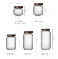 Pot de conservation hermétique en verre martelé transparent avec couvercle en bois d'acacia, écologique, empilable, design bouteille, pour le stockage alimentaire