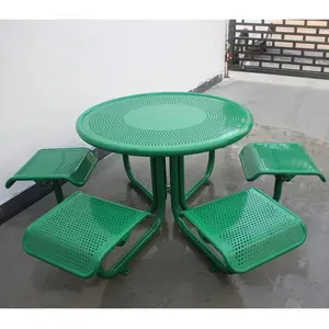 Table de pique-nique commerciale carrée ronde en acier pour l'extérieur avec banc Mobilier d'extérieur Table à manger en métal pour restaurant avec trou pour parapluie