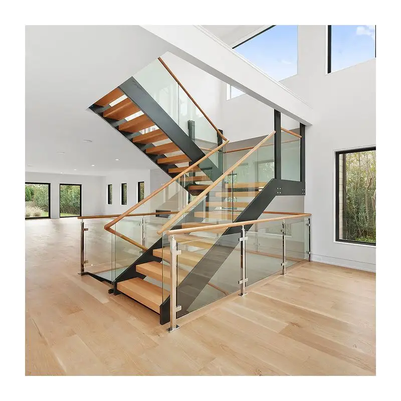High quality glass stair railing / balcony railings balustrade with wood top handrail