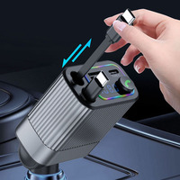   Chargeur de voiture avec câble rétractable, charge rapide pour téléphone portable, chargeur de voiture quatre en un avec lumière ambiante