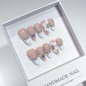 Faux ongles à presser <span class=keywords><strong>avec</strong></span> <span class=keywords><strong>strass</strong></span>, faits à la main, fleurs 3D blanches, ongles de luxe en cristal, couverture complète, capsules à presser - Product Image 2