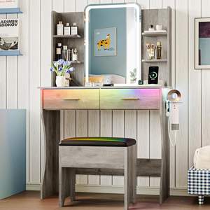 Coiffeuse LED intelligente avec éclairage d'ambiance RVB et rangement latéral, table de maquillage pour chambre à coucher avec tabouret assorti - Product Image 3