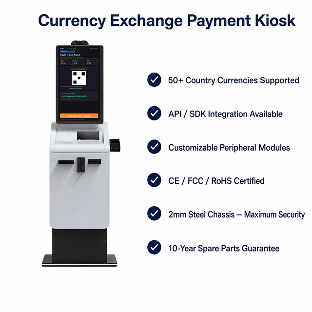 Global Currency Exchange Kiosk with Passport Scanner Cash Recycler QR Scanner Receipt Printing and Ready for API SDK