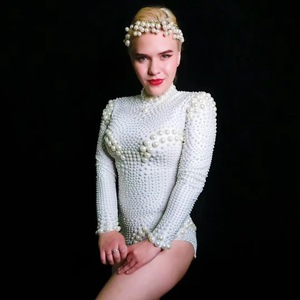 White Pearl Short Bodycon Jumpsuit Sexy Stage Dance and Birthday Party Outfit for Women Performance Wear One Size Body - Product Image 4