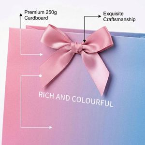 Luxury Custom Pink Blue Gradient Paper <b>Gift</b> Bag with Ribbon <b>Bow</b> for Wedding Birthday Party Wholesale Factory Price - Product Image 3