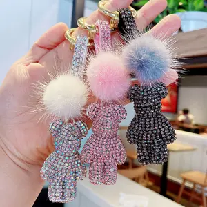 Chaveiro de urso, chaveiro da moda com strass de urso de pelúcia, chaveiro com brilho, diamante, pequeno urso, pulseira