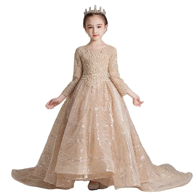 Fashion Autumn Children's Trailing Princess skirt host piano performance dress wedding dress high-end girls dresses