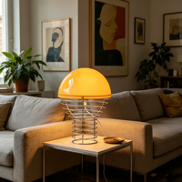 Lampe de table Bauhaus Mushroom, abat-jour rond jaune rétro, base en fil métallique, lampe de bureau LED