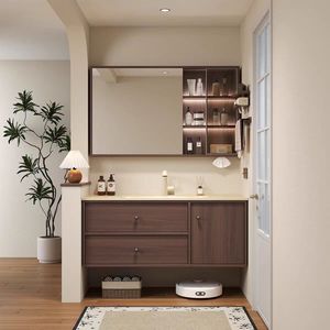 Mueble de baño moderno de madera maciza con lavabo integrado de cerámica con tacto suave - Product Image 1