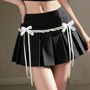 Mini-jupe plissée rétro britannique à rayures noires et blanches pour femme, avec nœud papillon, coupe trapèze ajustée - Product Image 2