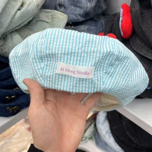 Ai Meng Studio Beret Cotton Poplin <b>Summer</b> Women's Breathable Sunshade <b>Hat</b> Red Blue Dots Stripes - Product Image 2